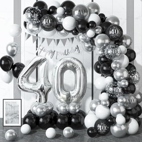 40 Geburtstag Deko Schwarz Silber, Luftballons Girlande mit Happy Birthday Banner, 40. Geburtstag Konfetti Luftballons für Männer Frauen 40. Geburtstag Party Dekoration von Dagelar