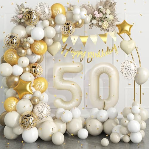 50 Geburtstag Deko Beige Gold,50.Geburtstag Luftballons Girlande mit Luftballon 50 Geburtstag,Happy Birthday Banner,Konfetti Luftballons für Mann Frauen 50 Jahre Geburtstag Party Dekoration von Dagelar