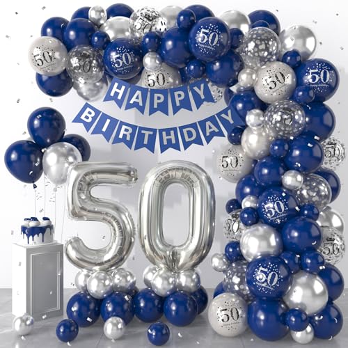 50 Geburtstag Deko Blau Silber, Luftballons Girlande mit Happy Birthday Banner, 50. Geburtstag Konfetti Luftballons für Jungen Mädchen 50. Geburtstag Party Dekoration von Dagelar