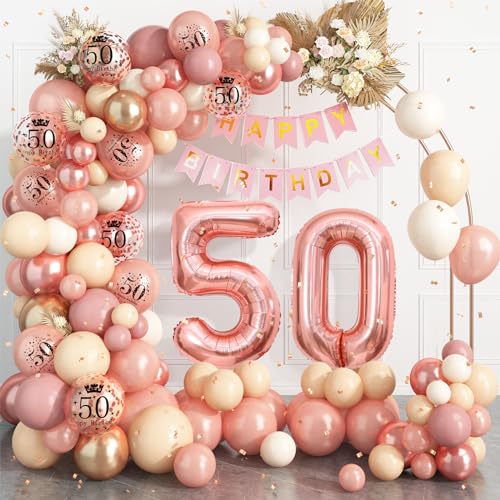 50 Geburtstag Deko Roségold,50.Geburtstag Luftballons Girlande mit Luftballon 50 Geburtstag,Happy Birthday Banner,Konfetti Luftballons für Frauen 50 Jahre Geburtstag Party Dekoration von Dagelar