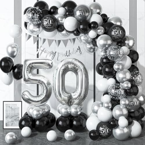 50 Geburtstag Deko Schwarz Silber, Luftballons Girlande mit Happy Birthday Banner, 50. Geburtstag Konfetti Luftballons für Männer Frauen 50. Geburtstag Party Dekoration von Dagelar
