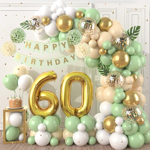 60 Geburtstag Deko Grün Gold, Luftballons Girlande mit Happy Birthday Banner, 60. Geburtstag Konfetti Luftballons für Männer Frauen 60. Geburtstag Party Dekoration von Dagelar