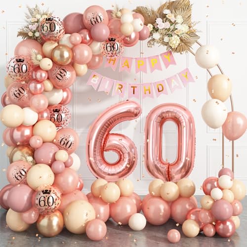 60 Geburtstag Deko Roségold,60.Geburtstag Luftballons Girlande mit Luftballon 60 Geburtstag,Happy Birthday Banner,Konfetti Luftballons für Frauen 60 Jahre Geburtstag Party Dekoration von Dagelar