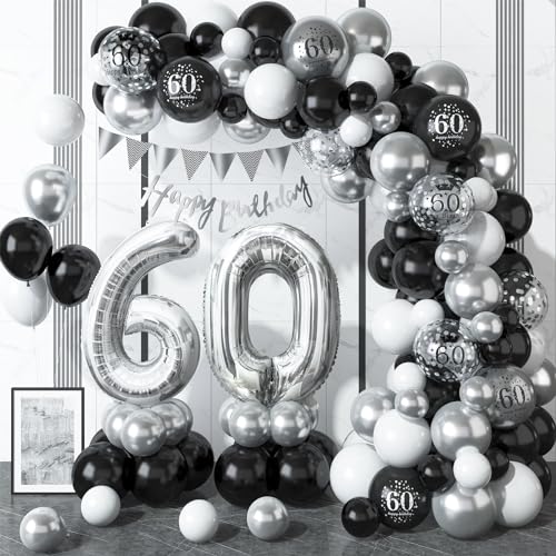 60 Geburtstag Deko Schwarz Silber, Luftballons Girlande mit Happy Birthday Banner, 60. Geburtstag Konfetti Luftballons für Männer Frauen 60. Geburtstag Party Dekoration von Dagelar