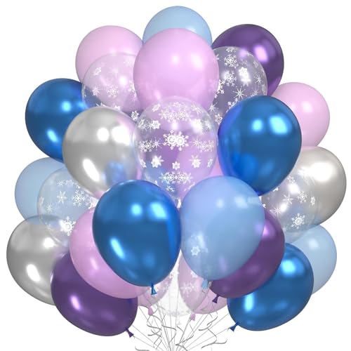 Frozen Luftballons Set, 60 Stück Blau Lila Silber Metallic Luftballons Schneeflocke Print Helium Latex Ballons für Frozen Thema Party Mädchen Geburtstag Wonderland Weihnachten Party Deko von Dagelar