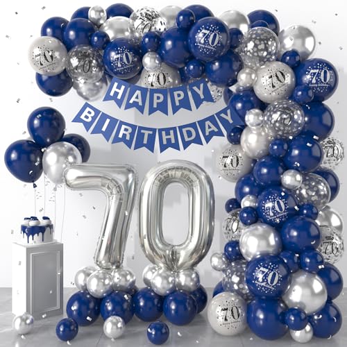 70 Geburtstag Deko Blau Silber, Luftballons Girlande mit Happy Birthday Banner, 70. Geburtstag Konfetti Luftballons für Jungen Mädchen 70. Geburtstag Party Dekoration von Dagelar