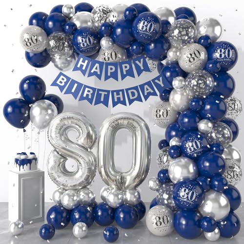 80 Geburtstag Deko Blau Silber, Luftballons Girlande mit Happy Birthday Banner, 80. Geburtstag Konfetti Luftballons für Jungen Mädchen 80. Geburtstag Party Dekoration von Dagelar