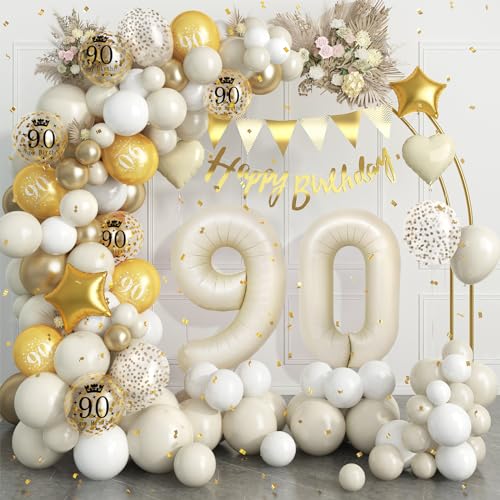 90 Geburtstag Deko Beige Gold,90.Geburtstag Luftballons Girlande mit Luftballon 90 Geburtstag,Happy Birthday Banner,Konfetti Luftballons für Mann Frauen 90 Jahre Geburtstag Party Dekoration von Dagelar