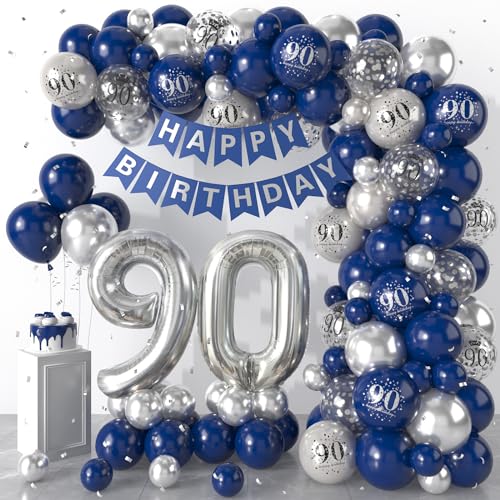 90 Geburtstag Deko Blau Silber, Luftballons Girlande mit Happy Birthday Banner, 90. Geburtstag Konfetti Luftballons für Jungen Mädchen 90. Geburtstag Party Dekoration von Dagelar