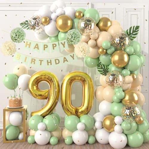 90 Geburtstag Deko Grün Gold, Luftballons Girlande mit Happy Birthday Banner, 90. Geburtstag Konfetti Luftballons für Männer Frauen 90. Geburtstag Party Dekoration von Dagelar