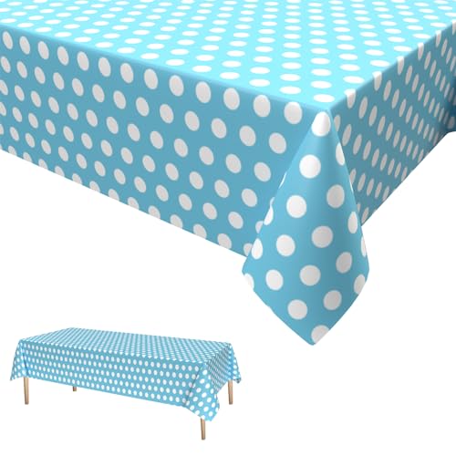 Blau Polka Dot Tischdecke,Geburtstag Tischdecke Blau Weiß Einweg Tischdecke aus Kunststoff Wasserdicht Plastik Bierbank Tischdecke Geburtstag Dekorationen für Jungen Mädchen 137 * 274cm von Dagelar