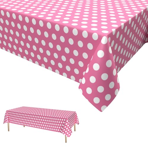 Rosa Polka Dot Tischdecke,Geburtstag Tischdecke Rosa Weiß Einweg Tischdecke aus Kunststoff Wasserdicht Plastik Bierbank Tischdecke Geburtstag Dekorationen für Jungen Mädchen 137 * 274cm von Dagelar