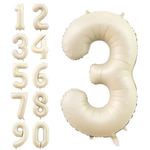 Zahlen Luftballon Beige,40 Zoll Nummer 3 Helium Luftballon,Groß Sand Weiß Folienballon Zahl 3 Geburtstagsdeko für Junge Mädchen Mann Frau Geburtstags Jubiläum Party Deko von Dagelar
