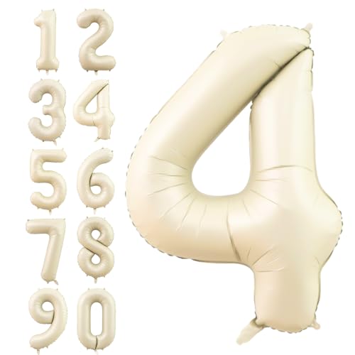 Zahlen Luftballon Beige,40 Zoll Nummer 4 Helium Luftballon,Groß Sand Weiß Folienballon Zahl 4 Geburtstagsdeko für Junge Mädchen Mann Frau Geburtstags Jubiläum Party Deko von Dagelar