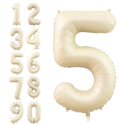 Zahlen Luftballon Beige,40 Zoll Nummer 5 Helium Luftballon,Groß Sand Weiß Folienballon Zahl 5 Geburtstagsdeko für Junge Mädchen Mann Frau Geburtstags Jubiläum Party Deko von Dagelar