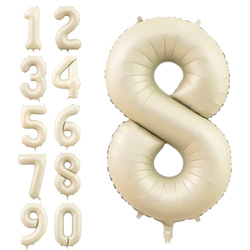 Zahlen Luftballon Beige,40 Zoll Nummer 8 Helium Luftballon,Groß Sand Weiß Folienballon Zahl 8 Geburtstagsdeko für Junge Mädchen Mann Frau Geburtstags Jubiläum Party Deko von Dagelar