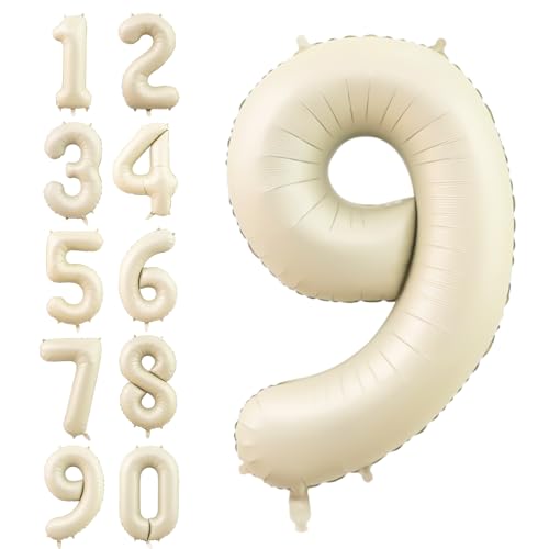 Zahlen Luftballon Beige,40 Zoll Nummer 9 Helium Luftballon,Groß Sand Weiß Folienballon Zahl 9 Geburtstagsdeko für Junge Mädchen Mann Frau Geburtstags Jubiläum Party Deko von Dagelar