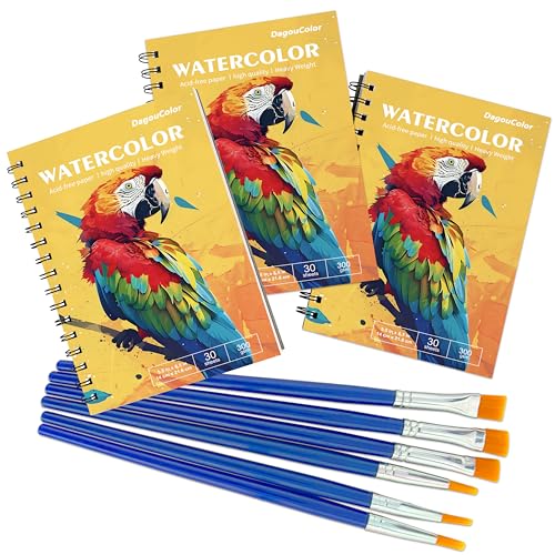 DagouColor 30 Blätter Spiral Aquarell Papier Set, Künstler Malerei Zeichnung Papier Buch mit 6 Pinseln, Kunstzubehör für Erwachsene Kinder, 300gsm 14X21.6CM（Pack of 3） von DagouColor
