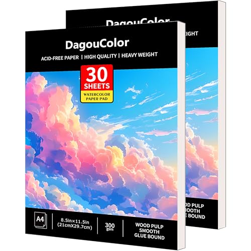 DagouColor A4 30 Blätter Aquarell Papier Pad für säurefreie Kunst Zeichnungspapier für Künstler, Holz Zellstoff glatter Kleber gebunden, 300gsm, 21CM X 29.7CM（Pack of 2） von DagouColor