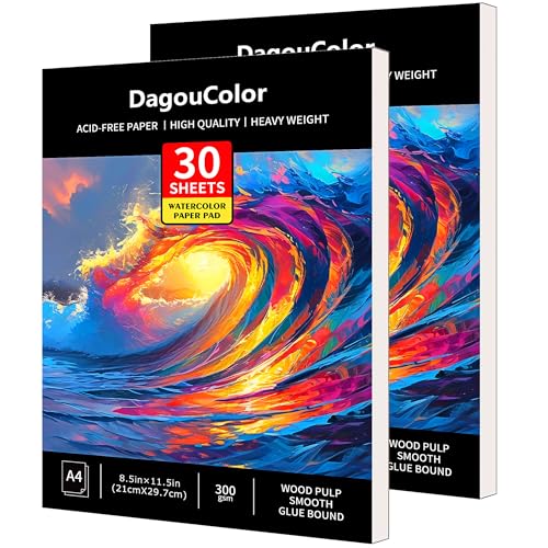 DagouColor A4 30 Blätter Aquarell Papier Pad für säurefreie Kunst Zeichnungspapier für Künstler, Holz Zellstoff glatter Kleber gebunden, 300gsm, 21CM X 29.7CM（Pack of 2） von DagouColor