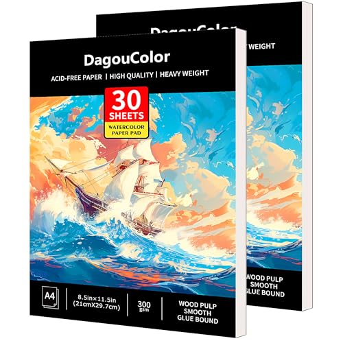 DagouColor A4 30 Blätter Aquarell Papier Pad für säurefreie Kunst Zeichnungspapier für Künstler, Holz Zellstoff glatter Kleber gebunden, 300gsm, 21CM X 29.7CM（Pack of 2） von DagouColor