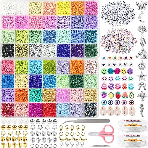 10735pcs 56 Farben 4mm Rocailles Perlen Set Perlen zum Auffädeln, Perlen für Armbänder, Glasperlen zum Auffädeln für Ketten Ringe Ohrring Schmuckherstellung,Perlenset mit 655 Zubehör Buchstaben von Dahudtin