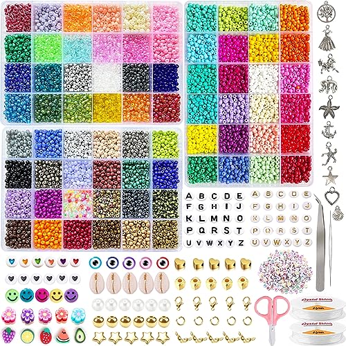 11508pcs 72 Farben 4mm Glasperlen zum Auffädeln, Rocailles Perlen Set Perlen zum Auffädeln Perlen für Armbänder Ketten Ringe Handykette Schmuckherstellung,Perlenset mit 708 Zubehör Buchstaben von Dahudtin
