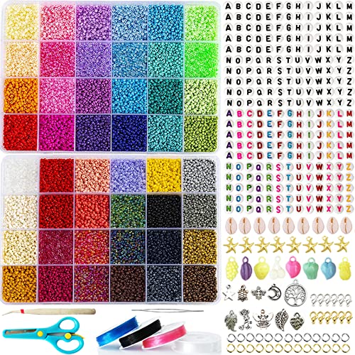 36551pcs 48 Farbe 2mm Perlen Set Glasperlen zum Auffädeln Erwachsene Bunte Rocailles Perlenset für Armbänder Ketten Ringe Handykette Schmuckherstellung Handwerk mit Buchstaben Elastische Schnur von Dahudtin