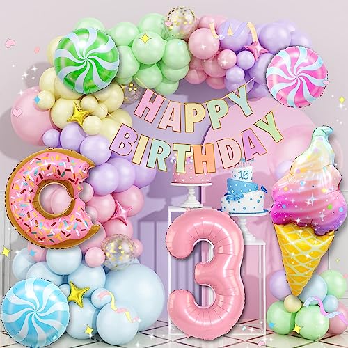 Daidle 3. Geburtstagsdeko Mädchen, Kindergeburtstag Deko, Geburtstag Deko 3 Jahr Mädchen Pastell Luftballons Girlande, Süßigkeiten Donut Folienballon Happy Birthday Girlande Party Deko Geburtstag von Daidle