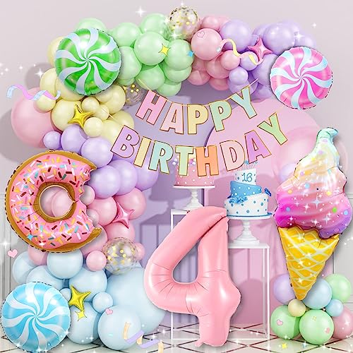 Daidle 4. Geburtstagsdeko Mädchen, Kindergeburtstag Deko, Geburtstag Deko 4 Jahr Mädchen Pastell Luftballons Girlande, Süßigkeiten Donut Folienballon Happy Birthday Girlande Party Deko Geburtstag von Daidle