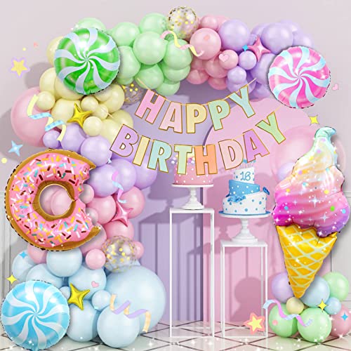 Daidle Geburtstagsdeko Mädchen, Kindergeburtstag Deko Regenbogen, Pastell Luftballons Girlande & Süßigkeiten Donut Folienballon, 1-10 Jahre Happy Birthday Deko, Geburtstags Deko Mädchen von Daidle
