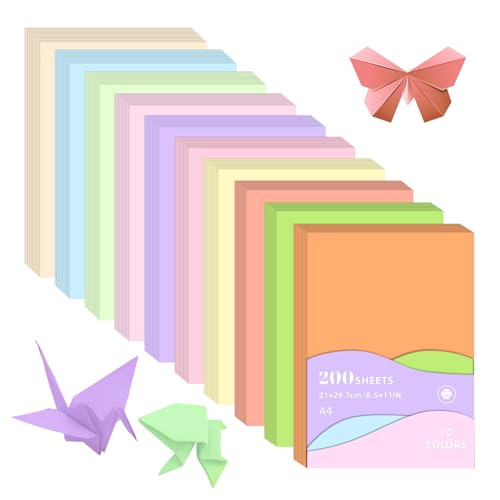 ​Daily Treasures 10 Farben, 200 Blatt, A4-farbiges Papier (80 g/m²), Pastell-Origami-Papier für Handarbeit, doppelseitiger Druck für Bastelarbeiten, Schneiden, Zeichnen, Handbuch, Kopieren, Lehrer von Daily Treasures