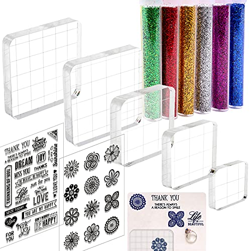 Daily Treasures Transparent Acrylblock Stempel, 5 Stk Silikonstempel Acrylblock + 2 Stk Stempel Scrapbooking Silikon + 6 Stk Farben Glitzertuben, Stempelblock Set für Scrapbooking Karten DIY von Daily Treasures