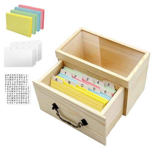 Daily Treasures Karteikasten Organizer aus Holz mit Klarglasplatte, ausziehbares Schubladendesign, 200 Revisionskarten & DIY-Aufbewahrungsbox für Arbeitszimmer/Büro/Küche (17 x 9 x 11,5 cm) von Daily Treasures