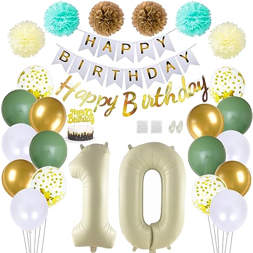 Daimay 10 Geburtstag Deko Frauen Mann Grün Beige Geburtstag Luftballon Dekoration Gold Weiß Party Deco Happy Birthday Girlande 10 Jahr Geburtstagdeko Ballons Pompons Konfetti Luftballons Tortenaufsatz von Daimay