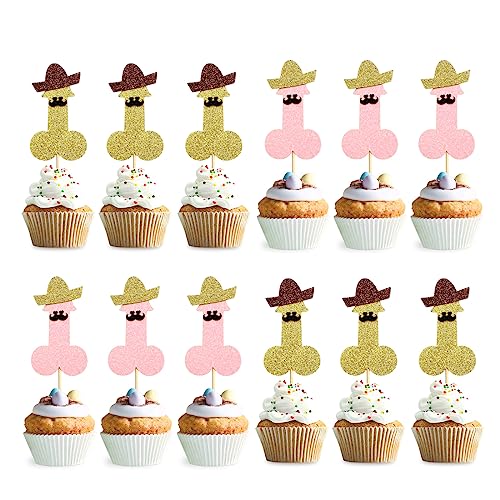 Daimay 12 Stück Bachelorette Party Cupcake Topper Mini Hut Schnurrbart Glitzer Bachelor Party Kuchen Topper Tortenstecker Kuchendeko Tortenaufsatz für Mädchen Brautparty Geburtstag Hen Party Deko von Daimay