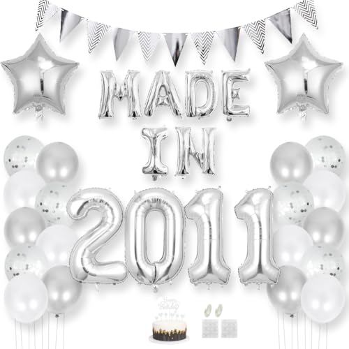 Daimay 14 Jahr Geburtstag Deko Frauen Mann MADE IN 2011 Luftballons Silber Geburtstagdeko Ballons Folienballons Luftballons Dreieckflagge Stern Mylar Foil Ballon Konfetti Luftballons Tortenaufsatz von Daimay