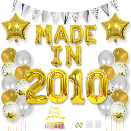 Daimay 15 Jahr Geburtstag Deko Frauen Mann MADE IN 2010 Luftballons Gold Geburtstagdeko Ballons Folienballons Luftballons Dreieckflagge Stern Mylar Foil Ballon Konfetti Luftballons Tortenaufsatz von Daimay