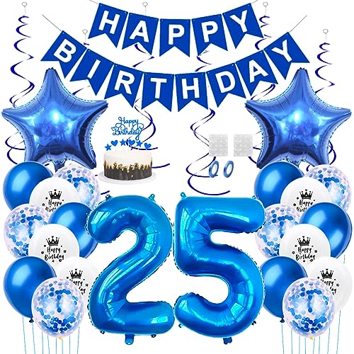 Daimay 25. Geburtstag Dekorationen Blau Geburtstagsdeko Mann Frauen Happy Birthday Banner Konfetti Luftballons Nummer Folienballons Stern Mylar Ballon Tortendeko für 25 Jahre Geburtstagsdeko von Daimay