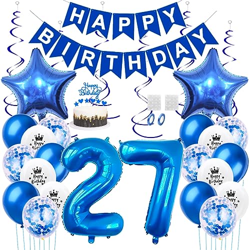 Daimay 27. Geburtstag Dekorationen Blau Geburtstagsdeko Mann Frauen Happy Birthday Banner Konfetti Luftballons Nummer Folienballons Stern Mylar Ballon Tortendeko für 27 Jahre Geburtstagsdeko von Daimay