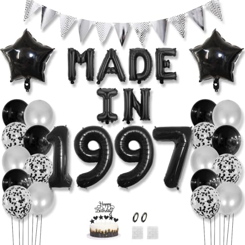 Daimay 28 Jahr Geburtstag Deko Frauen Mann MADE IN 1997 Luftballons Schwarz Geburtstagdeko Ballons Folienballons Luftballons Dreieckflagge Stern Mylar Foil Ballon Konfetti Luftballons Tortenaufsatz von Daimay