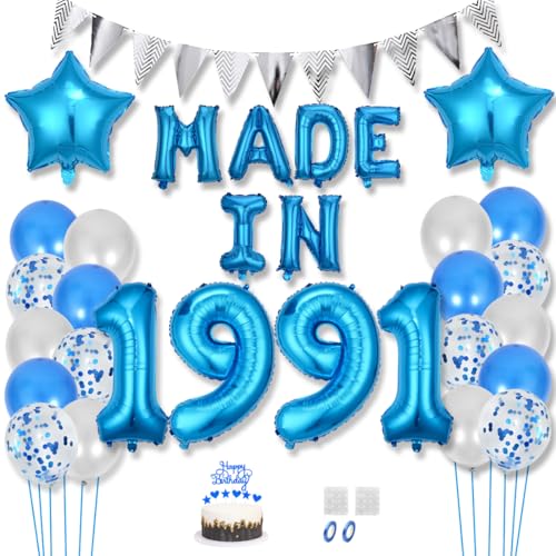 Daimay 34 Jahr Geburtstag Deko Frauen Mann MADE IN 1991 Luftballons Blau Geburtstagdeko Ballons Folienballons Luftballons Dreieckflagge Stern Mylar Foil Ballon Konfetti Luftballons Tortenaufsatz von Daimay