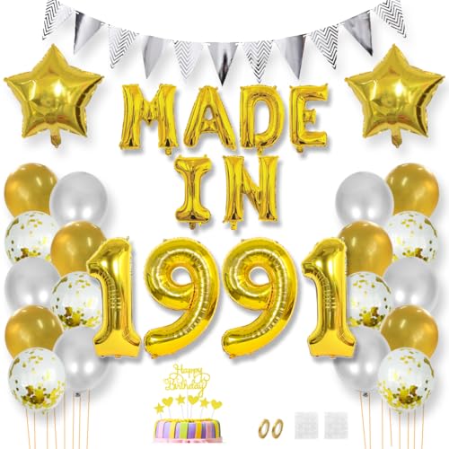 Daimay 34 Jahr Geburtstag Deko Frauen Mann MADE IN 1991 Luftballons Gold Geburtstagdeko Ballons Folienballons Luftballons Dreieckflagge Stern Mylar Foil Ballon Konfetti Luftballons Tortenaufsatz von Daimay