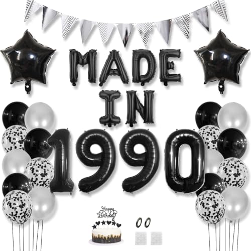 Daimay 35 Jahr Geburtstag Deko Frauen Mann MADE IN 1990 Luftballons Schwarz Geburtstagdeko Ballons Folienballons Luftballons Dreieckflagge Stern Mylar Foil Ballon Konfetti Luftballons Tortenaufsatz von Daimay