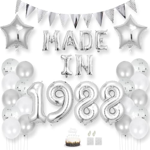 Daimay 37 Jahr Geburtstag Deko Frauen Mann MADE IN 1988 Luftballons Silber Geburtstagdeko Ballons Folienballons Luftballons Dreieckflagge Stern Mylar Foil Ballon Konfetti Luftballons Tortenaufsatz von Daimay