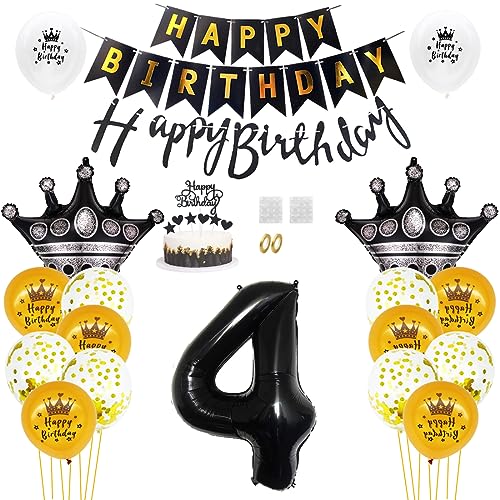 Daimay 4. Geburtstag Dekorationen Schwarz Gold Geburtstagsdeko Mann Frauen Happy Birthday Banner Konfetti Luftballons Nummer Folienballons Krone Mylar Ballon Tortendeko für 4 Jahre Geburtstagsdeko von Daimay