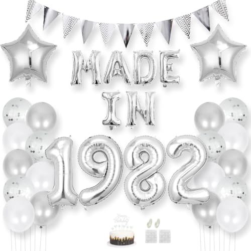 Daimay 43 Jahr Geburtstag Deko Frauen Mann MADE IN 1982 Luftballons Silber Geburtstagdeko Ballons Folienballons Luftballons Dreieckflagge Stern Mylar Foil Ballon Konfetti Luftballons Tortenaufsatz von Daimay