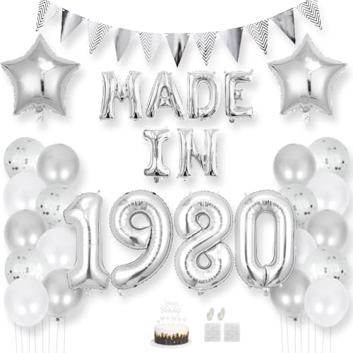 Daimay 45 Jahr Geburtstag Deko Frauen Mann MADE IN 1980 Luftballons Silber Geburtstagdeko Ballons Folienballons Luftballons Dreieckflagge Stern Mylar Foil Ballon Konfetti Luftballons Tortenaufsatz von Daimay