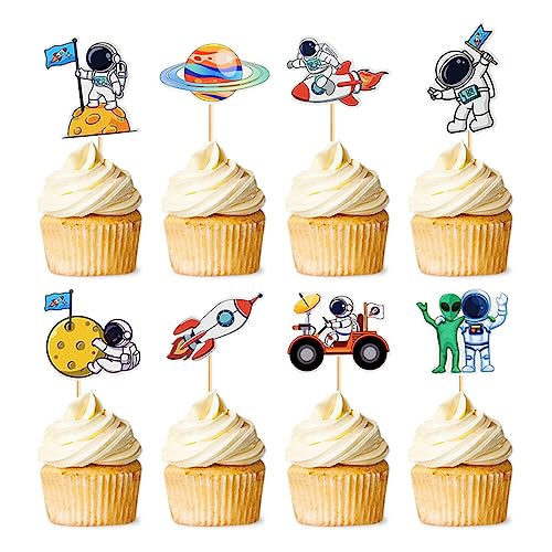 Daimay 32 Stück Astronauten Tortendeko Astronaut Kuchen Topper Weltraum Cupcake Toppers Planeten Geburtstag Kuchen Raketen Cupcake Dekoration für Weltraum Planeten Geburtstag Kinder Planet Party von Daimay