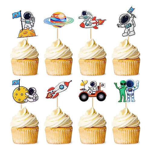 Daimay 32 Stück Astronauten Tortendeko Astronaut Kuchen Topper Weltraum Cupcake Toppers Planeten Geburtstag Kuchen Raketen Cupcake Dekoration für Weltraum Planeten Geburtstag Kinder Planet Party von Daimay